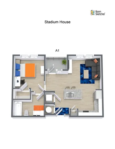 Stadium House floor plan A1 showcasing 2 bedrooms, modern kitchen with island, and cozy living area with balcony access.