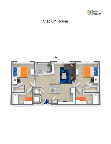 Modern Stadium House floor plan with two spacious bedrooms, stylish open-concept living room, and contemporary kitchen layout in unit B2.
