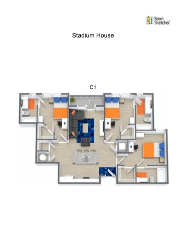 Elegant 3D floor plan of Stadium House, displaying a modern layout with 3 bedrooms, a central living area, and a sleek kitchen with a stylish countertop.