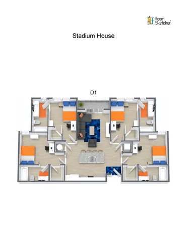 Stadium House floor plan with spacious 4-bedroom layout, open-concept living area, and modern kitchen design.