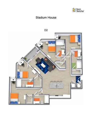 Modern 3D floor plan of Stadium House featuring three spacious bedrooms, an elegant open-concept living and dining area, and a sleek kitchen island with seating.