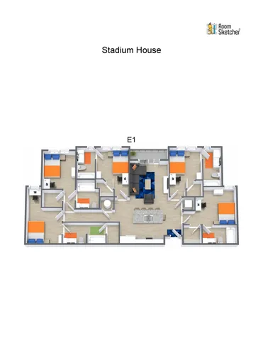 Modern 3D floor plan of Stadium House featuring four spacious bedrooms, two stylish living areas, and a contemporary kitchen. Ideal for comfortable family living and entertaining.