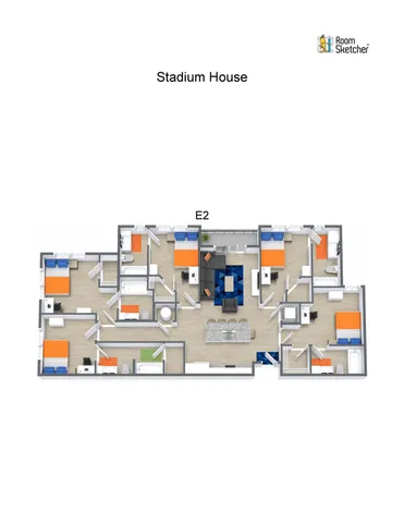 Vibrant 3D floor plan of Stadium House illustrating multiple bedrooms, sleek living area, and modern open kitchen layout for luxurious urban living.
