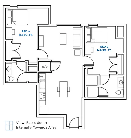 Modern 2-bedroom apartment floor plan with spacious living area, efficient kitchen, and two bathrooms, perfectly designed for comfortable living.