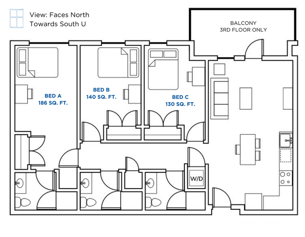 Modern apartment floor plan showcasing three spacious bedrooms, each with ample square footage, alongside a generous living room, practical kitchen, and balcony on the third floor.