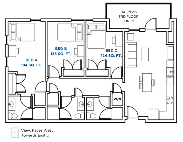 Contemporary 3-bedroom apartment floor plan featuring a large balcony, spacious living area, and modern kitchen. Includes bedrooms sized at 184, 135, and 124 sq. ft. Faces west with access to third floor only.