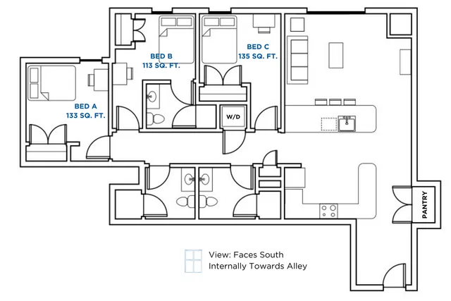 Inviting floor plan showcasing 3 spacious bedrooms with individual bathrooms, an open-concept kitchen and living area, and a pantry in a southern-facing layout.