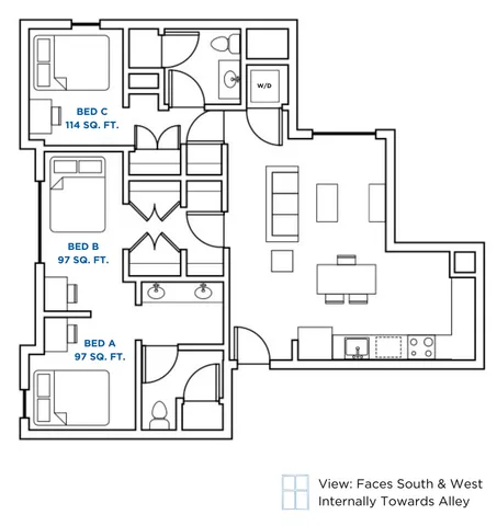 Modern floor plan showcasing a spacious apartment with 3 bedrooms, 2 bathrooms, an open-concept living and dining area, ideal for comfortable living with ample natural light from south and west-facing views.