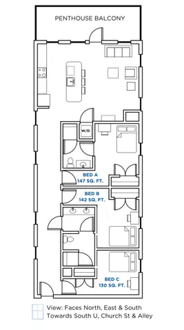 Penthouse floor plan showcasing a spacious balcony, open living area, and three bedrooms. Bedrooms A, B, and C offer ample space at 147, 142, and 130 sq. ft. respectively. Includes modern kitchen and airy layout facing North, East, and South.