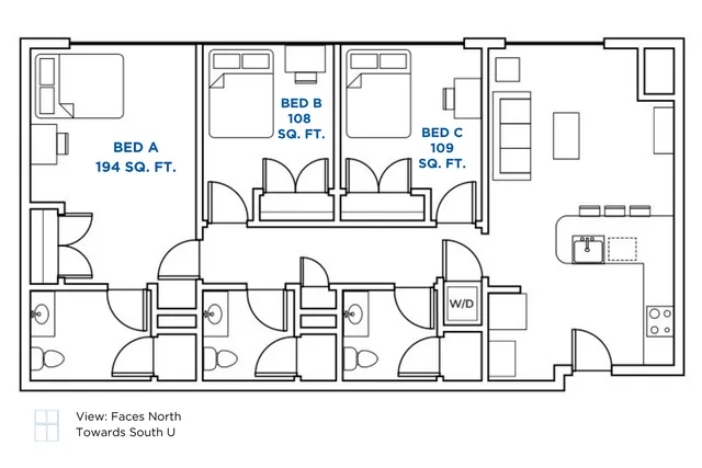 Modern floor plan featuring 3 bedrooms with designated square footage, open living area, and a sleek kitchen design.