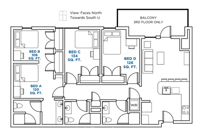 Elegant floor plan featuring four bedrooms with individual square footage, spacious living area, modern kitchen, and exclusive third-floor balcony.