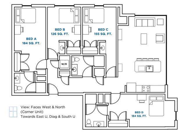 Modern corner unit floor plan showcasing 4 bedrooms, including a spacious living area and a well-equipped kitchen. Bedrooms range from 126 to 184 sq. ft., offering comfort and functionality with abundant natural light from west and north-facing views.