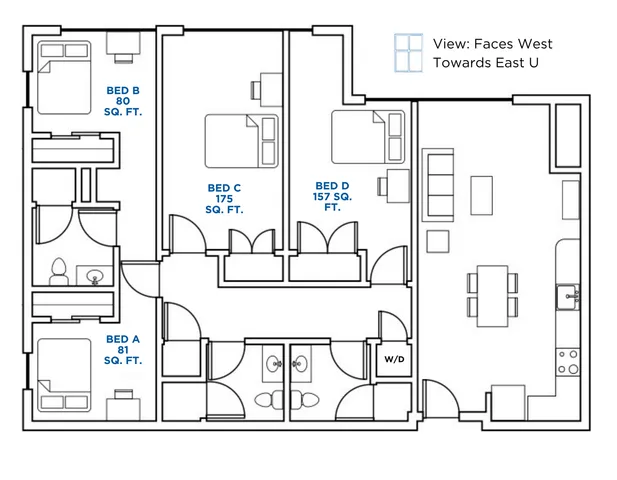 Modern apartment floor plan showcasing 4 bedrooms, spacious living-dining area, and a well-equipped kitchen, with a view facing west.
