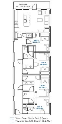 Elegant apartment floor plan showcasing a 4-bedroom layout with spacious living area, modern kitchen, and exclusive balcony access on the third floor.