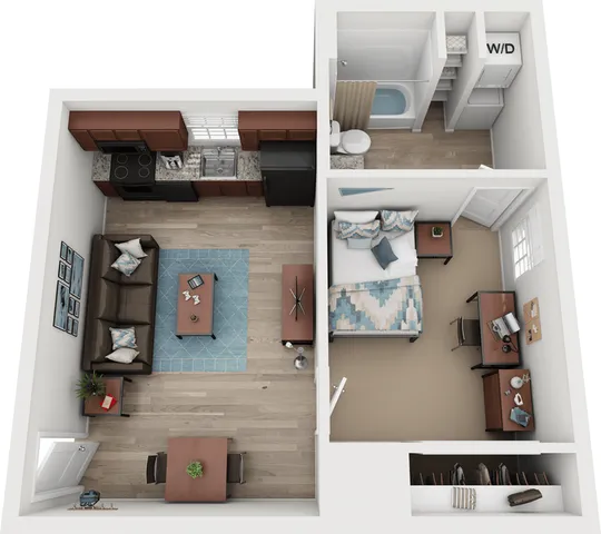 Charming apartment floor plan with 1 bedroom, cozy living area, modern kitchen, and convenient in-unit washer and dryer.