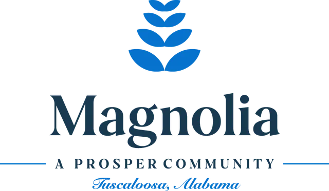 Elegant logo for Magnolia, a Prosper Community in Tuscaloosa, Alabama, featuring a stylized blue leaf design.