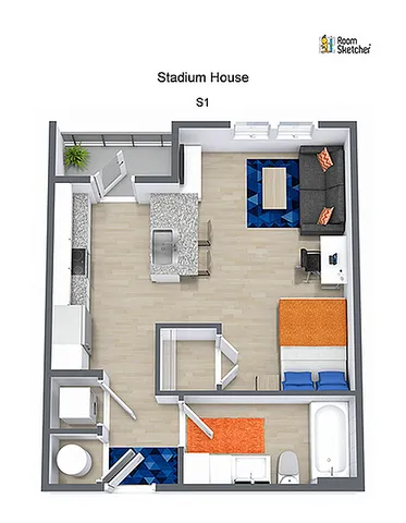 Contemporary 3D floor plan of Stadium House S1 featuring an open-concept living area, sleek kitchen, cozy bedroom, and modern bathroom.