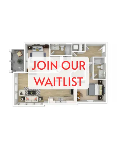 Modern 2-bedroom apartment floor plan with open-concept living room, sleek kitchen, and balcony access. Join our waitlist today.