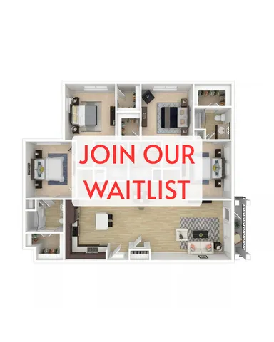Inviting 3-bedroom apartment floor plan with open-concept living area, modern kitchen, and cozy bedrooms. Join our waitlist for this stylish home.