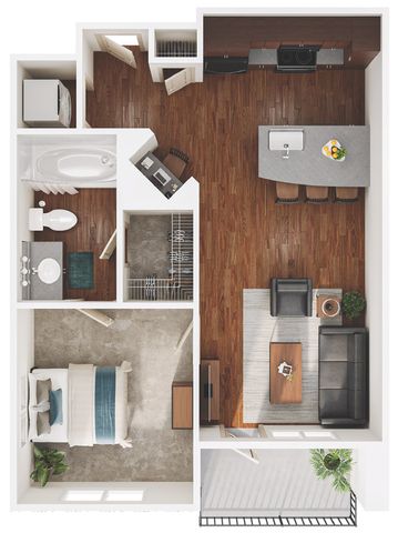 Chic floor plan showcasing a modern one-bedroom apartment with an open kitchen, inviting living area, and private balcony.