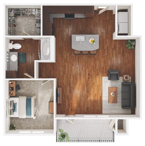 Modern 1-bedroom apartment floor plan with open kitchen and cozy living area, featuring hardwood floors and a private balcony.