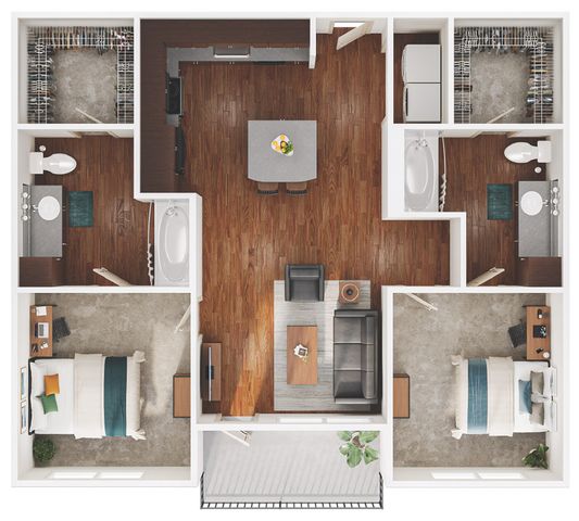 Contemporary floor plan showcasing two bedrooms, an open-concept kitchen with an island, and a cozy living area. Features two stylish bathrooms, ample closet space, and a private balcony.