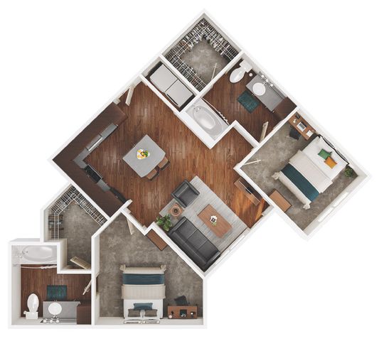 Elegant 2D floor plan showcasing 2 cozy bedrooms, modern kitchen, spacious living area, and stylish bathrooms.