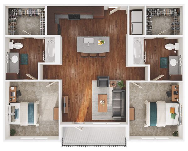 Modern 2D floor plan showcasing a chic two-bedroom apartment with spacious closets, two stylish bathrooms, an open kitchen with an island, and a cozy living area, perfect for comfortable urban living.
