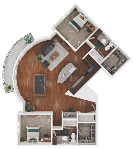 Modern and luxurious floor plan featuring two spacious bedrooms, sleek kitchen with island, elegant living area with curved balcony access, and stylish game room.