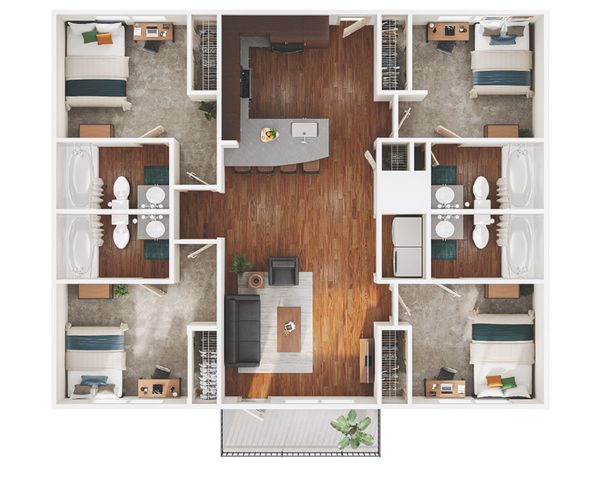 Modern 3-bedroom apartment floor plan with open-concept living and dining area, stylish kitchen, and two bathrooms for exceptional comfort.