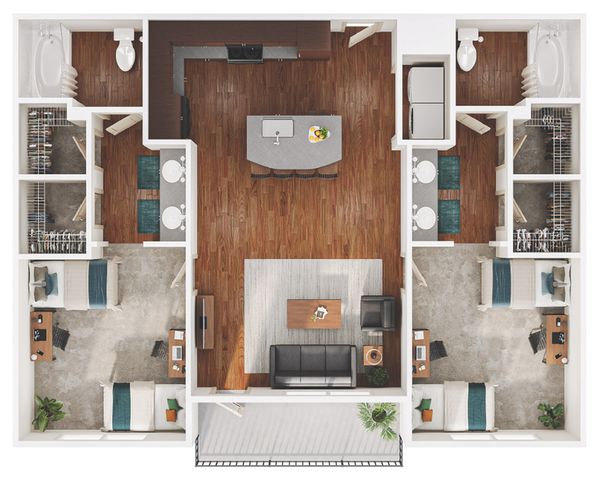Modern apartment floor plan showcasing 3 bedrooms, luxurious double bathrooms, an elegant open kitchen, and a cozy living space with balcony access.