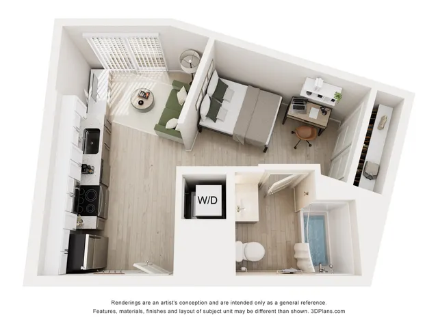 Chic modern floor plan showcasing a cozy bedroom, efficient kitchen, stylish living area, and a compact bathroom with ample natural light.