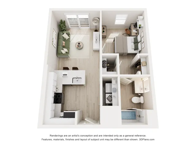 Modern 3D floor plan showcasing a cozy 1-bedroom apartment with an open living area, stylish kitchen, and well-appointed bathroom.