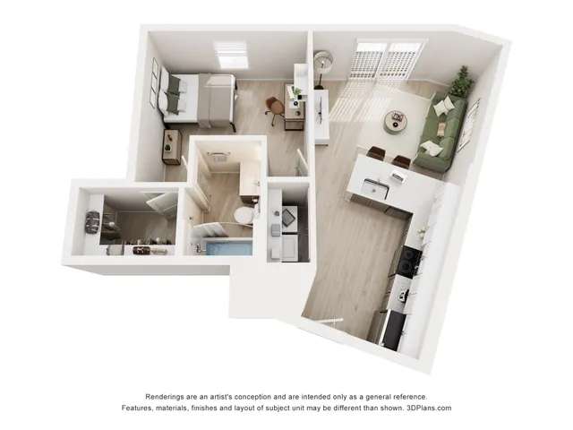 Modern 3D floor plan featuring 1 bedroom, cozy living area, elegant bathroom, and a sleek kitchen with breakfast bar.