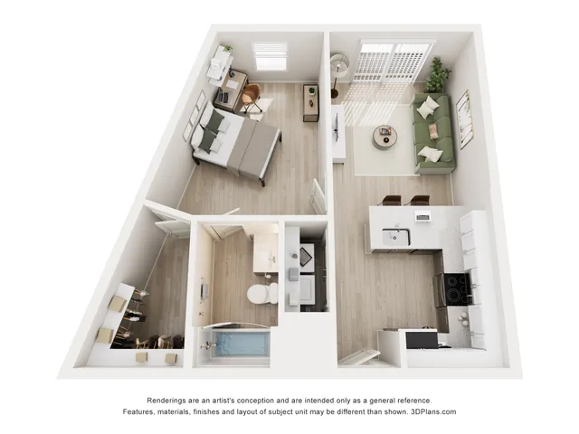 Modern 3D floor plan showcasing a cozy one-bedroom apartment with open-concept living area, stylish kitchen, and bright natural lighting.