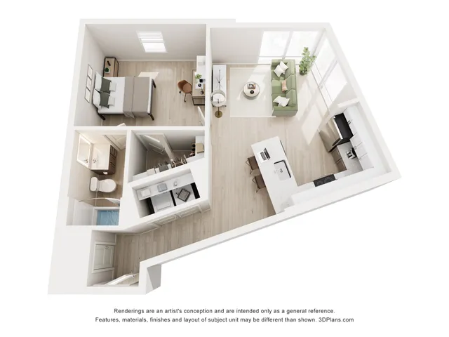 Modern 1-bedroom apartment floor plan with open-concept living space, stylish kitchen, and well-lit cozy bedroom.