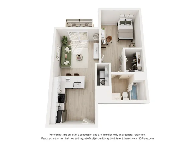 Modern 1-bedroom apartment floor plan with open-concept living area, stylish kitchen, and sleek bathroom.