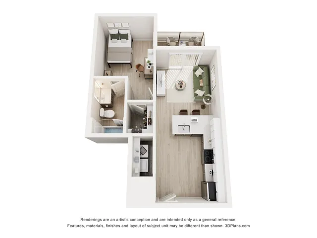 Modern 3D floor plan showcasing a one-bedroom apartment with an open-concept living and kitchen area, stylish bathroom, and a cozy balcony.