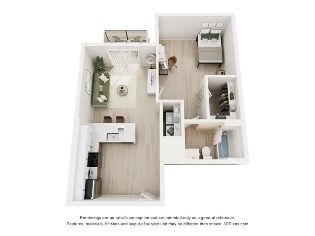 Modern 3D floor plan featuring a cozy one-bedroom layout with an open-concept living and kitchen area, spacious bathroom, and private balcony.