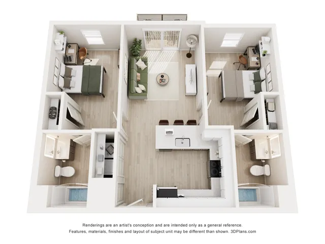 Inviting floor plan showcasing 2 cozy bedrooms, a bright living area, and modern kitchen, optimized for comfort and style.