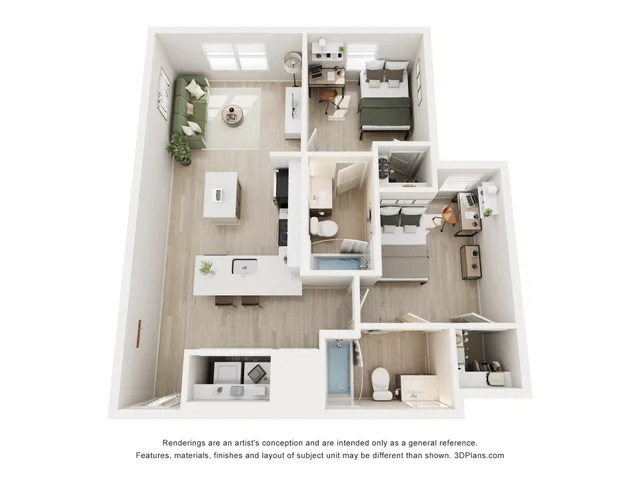 Modern 3D floor plan showcasing a stylish 2-bedroom apartment with an open-concept living and kitchen area, featuring elegant finishes and natural light.
