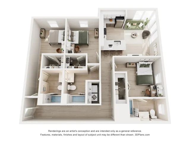 Modern 3D floor plan showcasing two bedrooms, two bathrooms, a sleek kitchen with bar seating, and a cozy living area with natural light.
