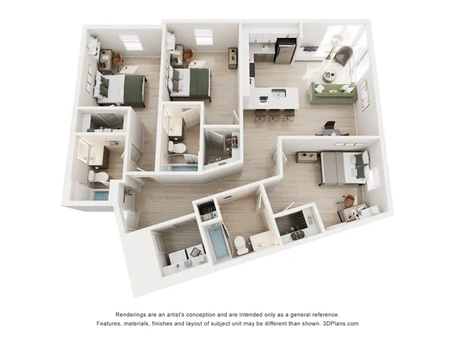 Modern 3D floor plan showcasing a chic apartment with 3 bedrooms, 2 stylish bathrooms, a sleek kitchen with breakfast bar, and a cozy living room filled with natural light.