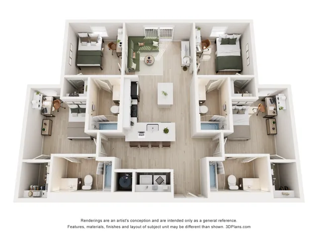 Modern 3D floor plan highlighting a spacious apartment with three bedrooms, open living area, stylish kitchen, and two bathrooms.