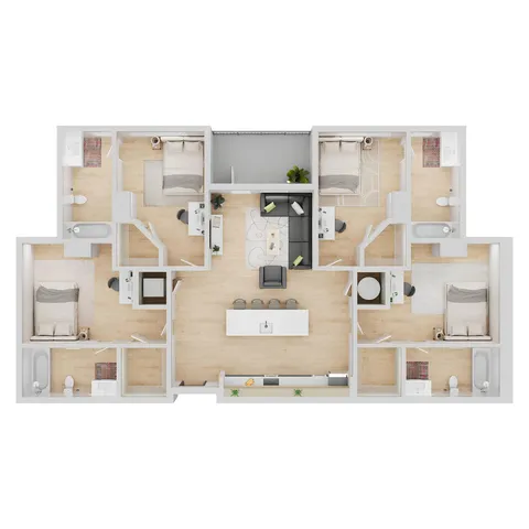 Contemporary floor plan featuring four bedrooms, a central open-plan living area, modern kitchen island, and ensuite bathrooms, ideal for elegant urban living.