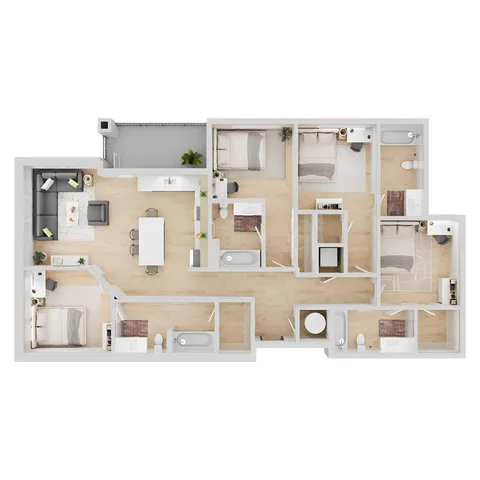 Modern 3D floor plan showcasing 3 bedrooms, an elegant open-plan living and dining area, and two contemporary bathrooms.