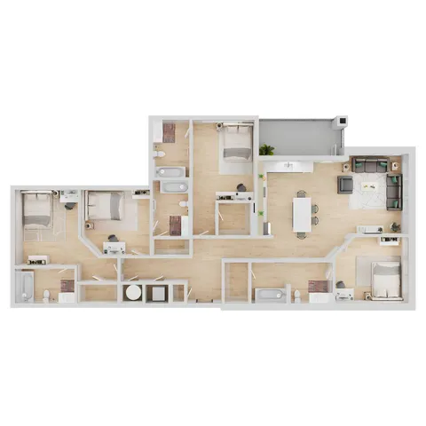 Modern floor plan showcasing 3 bedrooms, 2 elegant bathrooms, expansive open-concept living and dining area, and a chic kitchen with access to a cozy balcony.