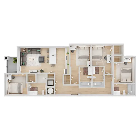 Contemporary floor plan highlighting 3 cozy bedrooms, spacious living area, modern kitchen with island, and 2 sleek bathrooms.