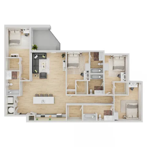 Modern 3-bedroom apartment floor plan with spacious living area, open kitchen, and two luxurious bathrooms.