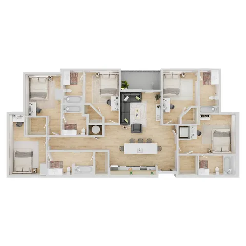 Modern apartment floor plan showcasing 4 spacious bedrooms, an open-concept living area, and a sleek kitchen. Includes 3 bathrooms and a cozy balcony for an enhanced lifestyle.